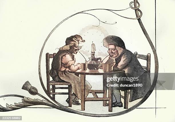two old men sat in pub drinking and smoking clay pipe, tam o' shante, a tale by robert burns, after george cruikshank, vintage illustration 18th century style - beer bong stock illustrations
