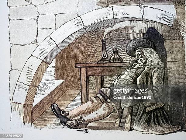 drunk man passed out asleep in a pub, tam o' shante, a tale by robert burns, after george cruikshank, vintage illustration 18th century style - bad posture stock illustrations