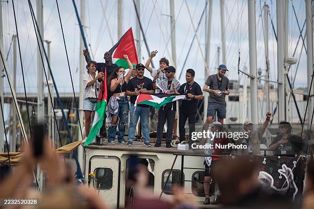 The Global Sumud Flotilla departs, bound for Gaza, to deliver humanitarian aid and denounce Israel's actions in Gaza in Barcelona, Spain, on August...