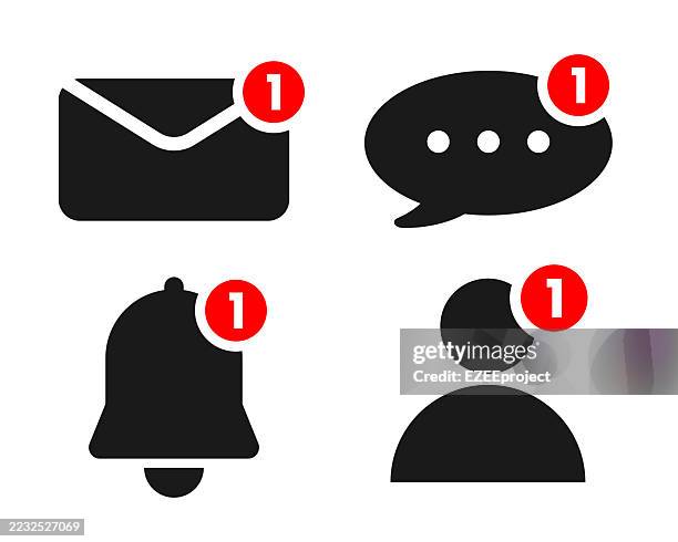 notification icons set with red counter. unread message or alert symbols. social media notifications. set of user interface icons - notification icon stock illustrations