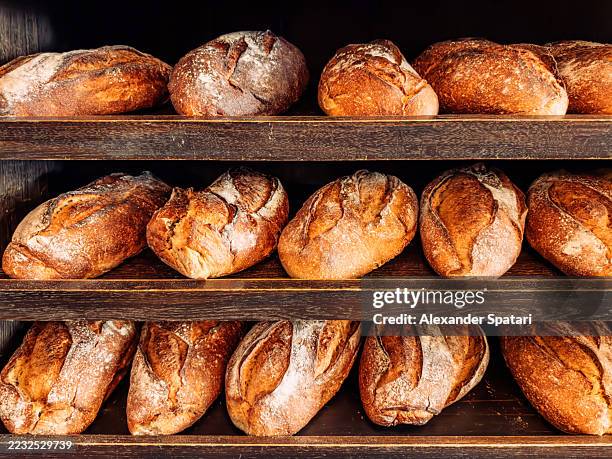 fresh bread for sale on display on the shelves in bakery, close-up, paris, france - brood stockfoto's en -beelden