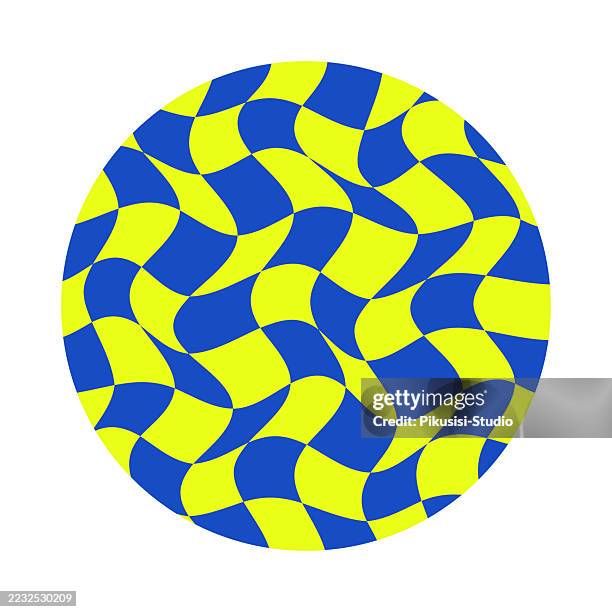 psychedelic wavy checkerboard in blue and yellow circle - optical illusion stock illustrations