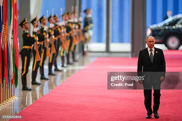 Russian President Vladimir Putin arrives for the Shanghai Cooperation Organization Summit 2025 at the Meijiang Convention and Exhibition Centre on...