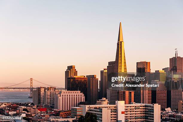 san francisco downtown at sunset, aerial view, california, usa - san francisco financial district stock pictures, royalty-free photos & images