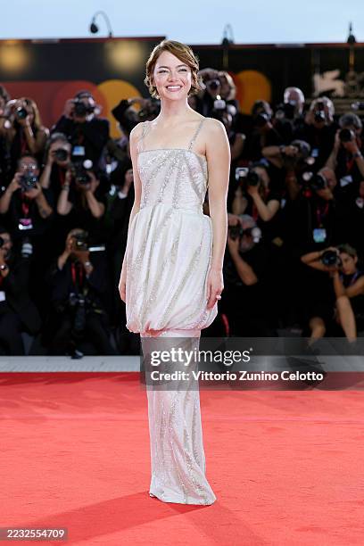 Emma Stone attends the "Bugonia" red carpet during the 82nd Venice International Film Festival on August 28, 2025 in Venice, Italy.