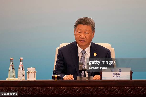 Chinese President Xi jinping gives a speech during the Shanghai Cooperation Organization Summit 2025 at the Meijiang Convention and Exhibition Centre...