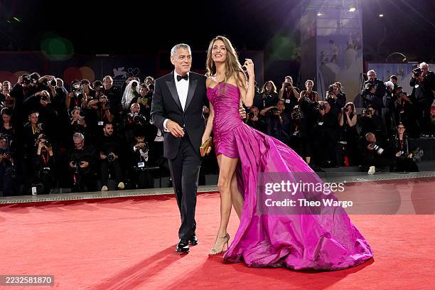 George Clooney and Amal Clooney attend the "Jay Kelly" red carpet during the 82nd Venice International Film Festival on August 28, 2025 in Venice,...