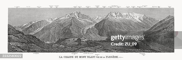 mont blanc range, france, steel engraving, published in 1893 - french alps stock illustrations