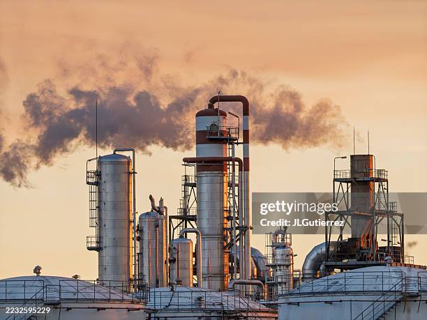 chimeneas de una fábrica de bioetanol. babilafuente, salamanca. - etanol fotografías e imágenes de stock