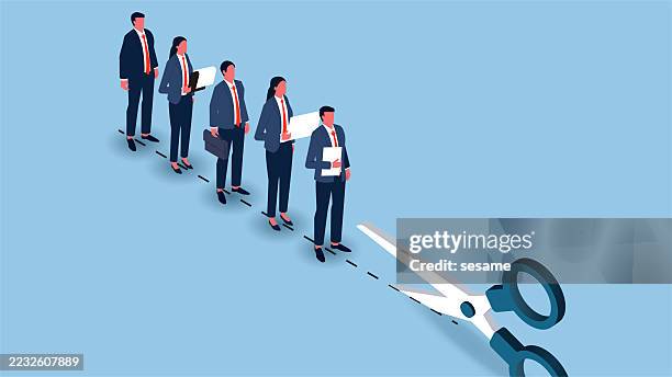 stockillustraties, clipart, cartoons en iconen met layoffs, dismissals, or unemployment. isometric scissors cut along the dotted line to remove a row of merchants - schaar