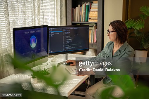 Female Programmer Working On Artificial Intelligence Coding In Office Female Programmer Working On Artificial Intelligence Coding In Office
