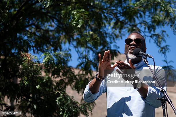 Chicago Mayor Brandon Johnson speaks to the crowd while participating in the Labor Day Workers Over Billionaires rally, in solidarity with labor...