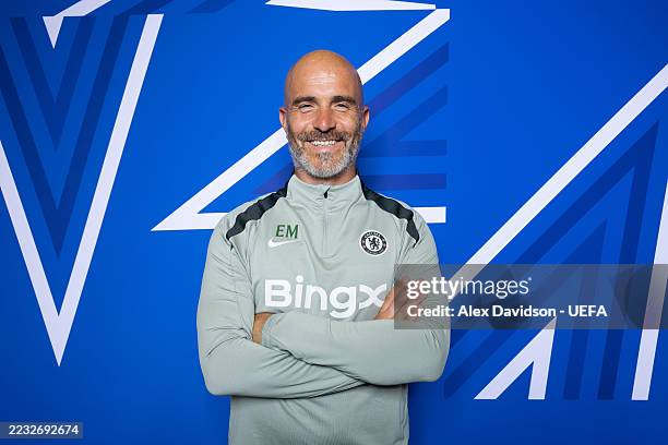 Chelsea Manager, Enzo Maresca poses for a portrait during the official UEFA Champions League 2025/26 portrait session on August 12, 2025 in London,...
