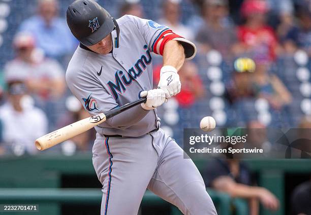 Miami Marlins first base Eric Wagaman at bat during a MLB game between the Washington Nationals and the Miami Marlins on September 01 2025, at...