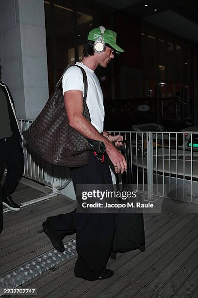 Jacob Elordi arrives at Marco Polo Airport on August 28, 2025 in Venice, Italy.