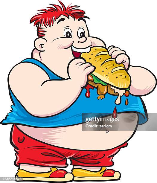 an obese child is eating a sandwich. - digestive problems stock illustrations