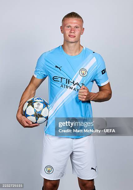 Erling Haaland of Manchester City poses for a portrait during the official UEFA Champions League 2025/26 portrait session on August 12, 2025 in...
