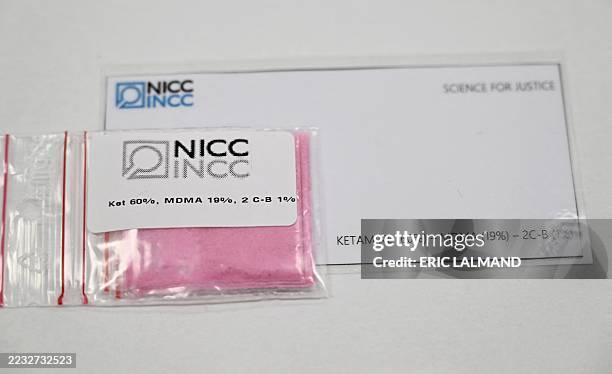 Sample of a drug combination containing ketamine, MDMA an 2C-B is displayed during a press briefing during a presentation by the National Institute...