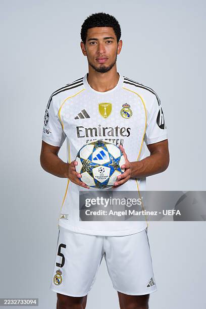 Jude Bellingham of Real Madrid CF poses for a portrait during the official UEFA Champions League 2025/26 portrait session on August 15, 2025 in...