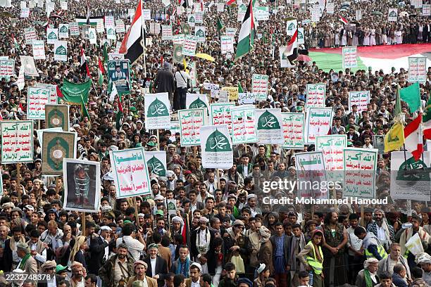 Protesters take part in a demonstration held against Israel and in solidarity with Gaza on August 29, 2025 in Sana'a, Yemen.