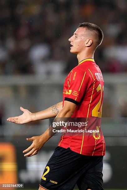 Francesco Camarda of US Lecce gestures during the Serie A match between US Lecce and AC Milan at Stadio Via del Mare on August 29, 2025 in Lecce,...