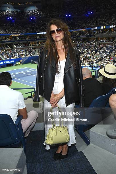 Katie Holmes is seen inside the Cadillac Suite at the US Open at Arthur Ashe Stadium on August 29, 2025 in New York City.