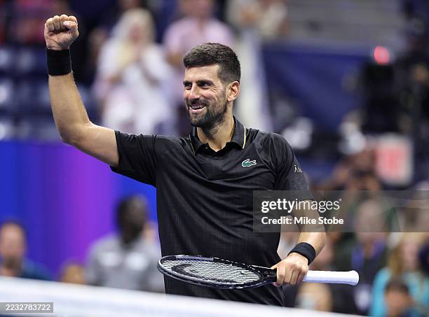 Novak Djokovic of Serbia celebrates after defeating Cameron Norrie of the United Kingdom during their Men's Singles Third Round match on Day Six of...