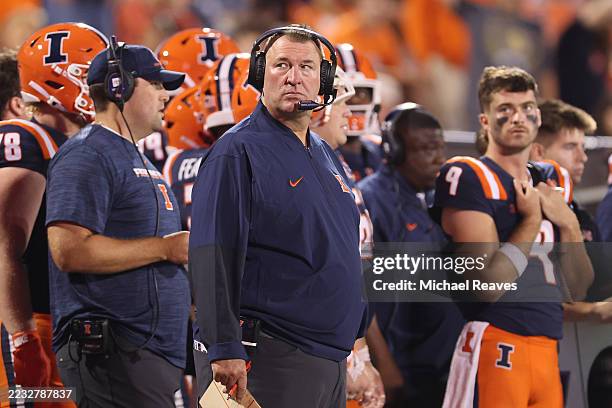 Head coach Bret Bielema of the Illinois Fighting Illini looks on against the Western Illinois Leathernecks during the second half at Memorial Stadium...
