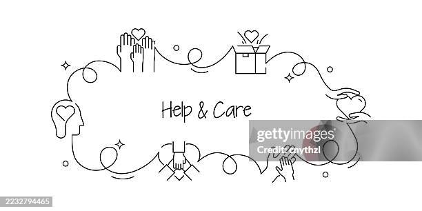 continuous line drawing help and care banner design. support, volunteer, donation, assistance. - disability services stock illustrations