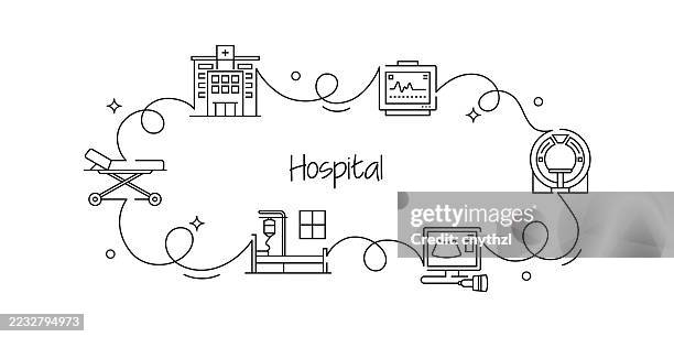 continuous line drawing hospital banner design. doctor, patient, ultrasound, ambulance, stretcher - stretcher stock illustrations