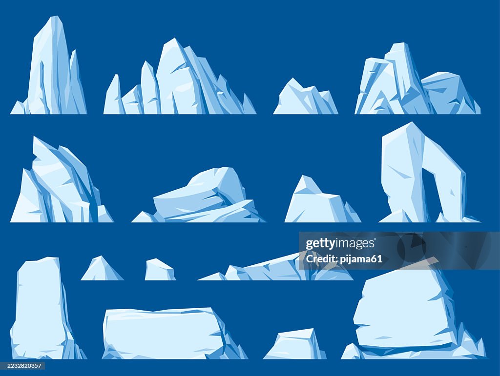 Verschiedene schwimmende Eisberge. Block aus gefrorenem Ozeanwasser. Vereiste Berge mit Schnee. Gipfel des schmelzenden Eises. Süd- und Nordpol. Schneelandschaft in der Antarktis.