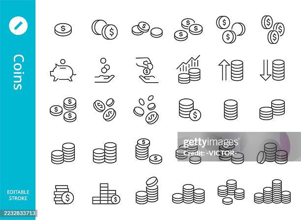 münzen icons - linienserie - geldmünze stock-grafiken, -clipart, -cartoons und -symbole