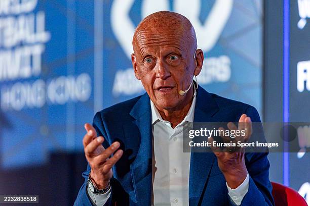 Pierluigi Collina, chairman of the FIFA referees committee, talks on stage during the World Football Summit Hong Kong 2025 at the AsiaWorld-Expo on...