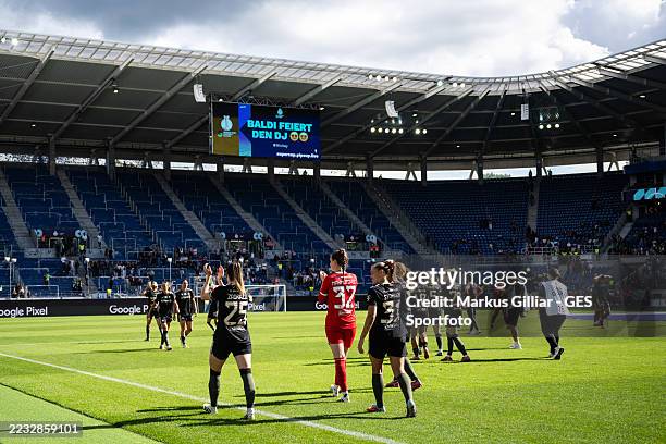 Sarah Zadrazil, Ena Mahmutovic and Georgia Stanway celebrate in the BBBank Wildpark after the Google Pixel Supercup 2025 match between FC Bayern...