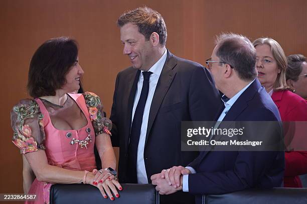 Vice Chancellor and Federal Minister of Finance Lars Klingbeil greets Federal Minister for Research, Technology and Space-travel Dorothee Bär as he...
