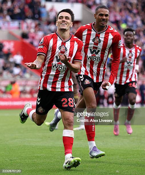 Enzo Le Fee of Sunderland celebrates scoring his team's first goal from the penalty spot during the Premier League match between Sunderland and...
