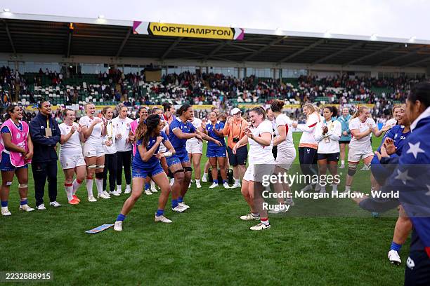 The players of Samoa and England interact at full-time following the Women's Rugby World Cup 2025 Pool A match between England and Samoa at...