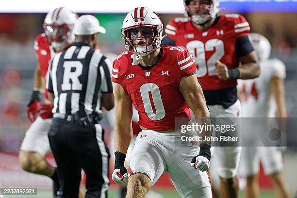 Christian Alliegro of the Wisconsin Badgers reacts after a sack during the game against the Miami Redhawks at Camp Randall Stadium on August 28, 2025...