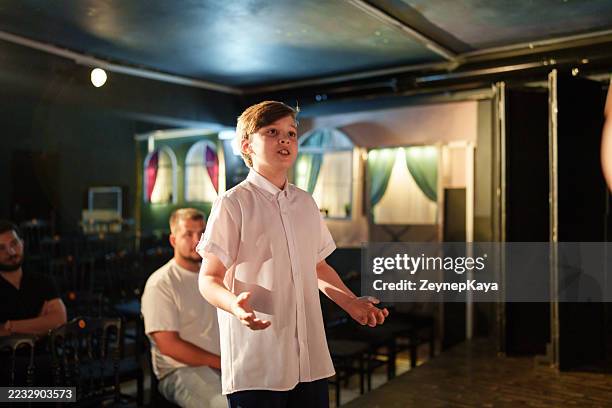 young boy at stage training moment - audition stock pictures, royalty-free photos & images