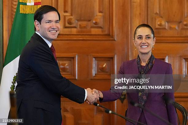 Secretary of State Marco Rubio shakes hands with Mexico's President Claudia Sheinbaum at the Palacio Nacional in Mexico City on September 3, 2025. US...
