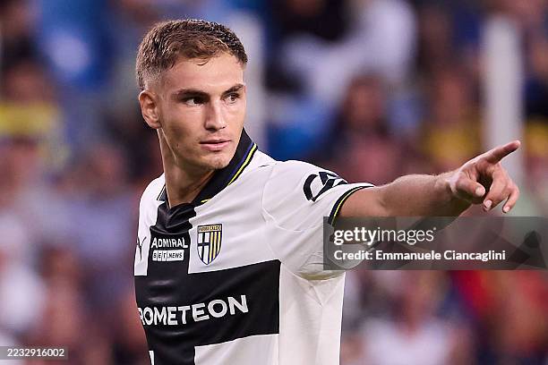 Mateo Pellegrino of Parma Calcio gestures during the Serie A match between Parma Calcio 1913 and Atalanta BC at Stadio Ennio Tardini on August 30,...