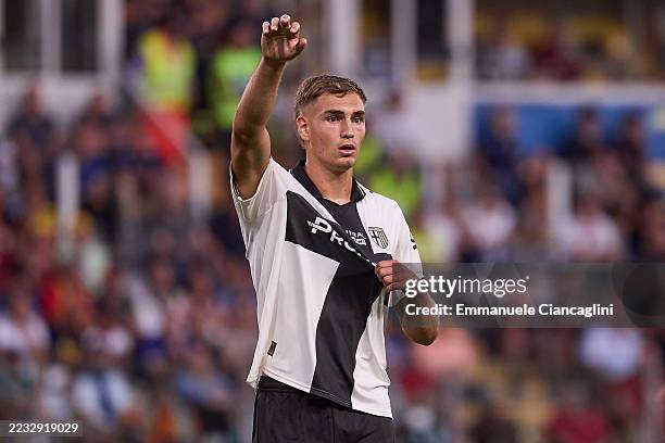 Mateo Pellegrino of Parma Calcio reacts during the Serie A match between Parma Calcio 1913 and Atalanta BC at Stadio Ennio Tardini on August 30, 2025...