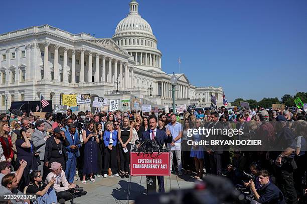 Attorney Bradley Edwards speaks at a press conference alongside alleged victims of Jeffrey Epstein at the U.S. Capitol in Washington, D.C. On...