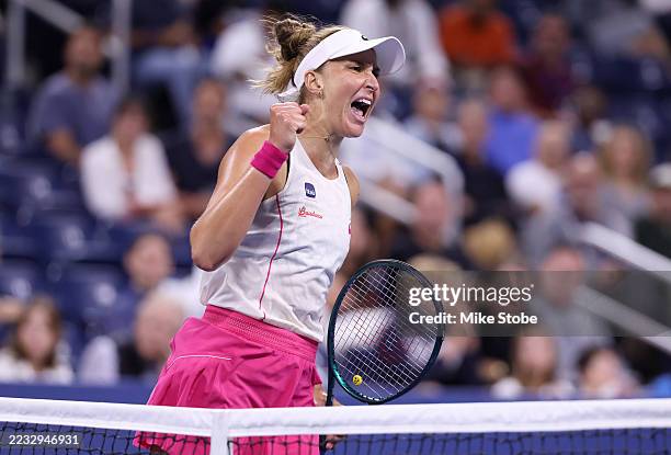 Beatriz Haddad Maia of Brazil reacts against Maria Sakkari of Greece during their Women's Singles Third Round match on Day Seven of the 2025 US Open...