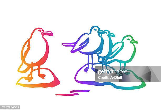 birds on rocks rainbow - white feather vector stock illustrations