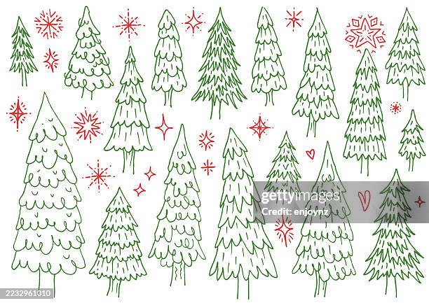 simple christmas forest trees doodle drawing pattern background - tree sketch stock illustrations
