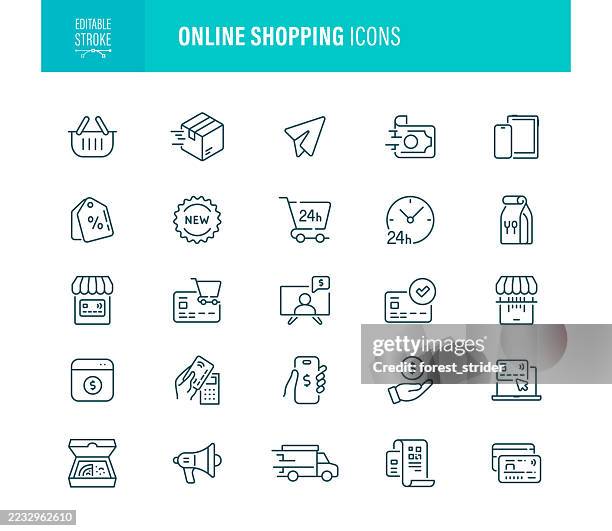 online shopping icons set editable stroke - bonus program stock illustrations