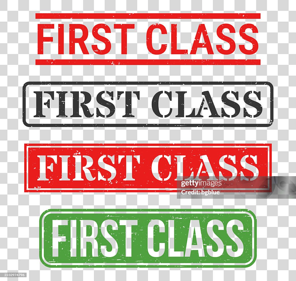 Stamp Sticker First Class First Class Rubber Stamp Set On Blank Background High-Res Vector ...