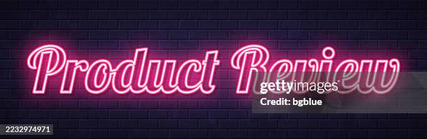 product review - glowing neon text on brick wall background - looking over wall stock illustrations