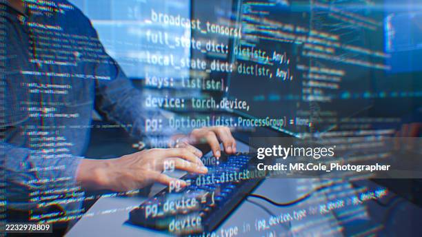 programmer typing with computer code overlay, cybersecurity and artificial intelligence programming background, modern coding and machine learning development concept - python-programmiersprache stock-fotos und bilder